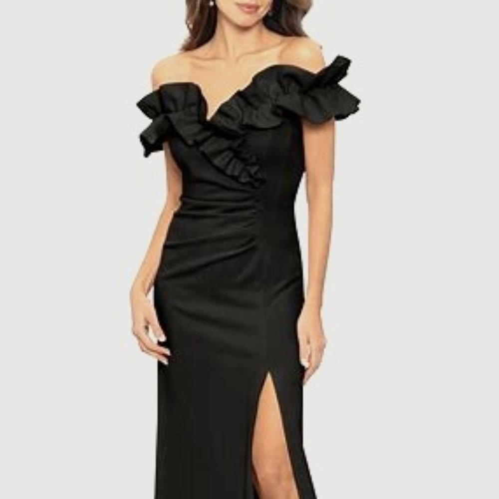 XSCAPE Ruffled Ruched Scuba Fit & Flare Gown